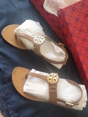 Tory Burch Tan Leather Logo Thong Sandals with Gold Medallions